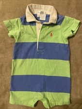 Ralph Lauren Blue Green Rugby Polo Shirt One Piece Romper Shortall 9 Months