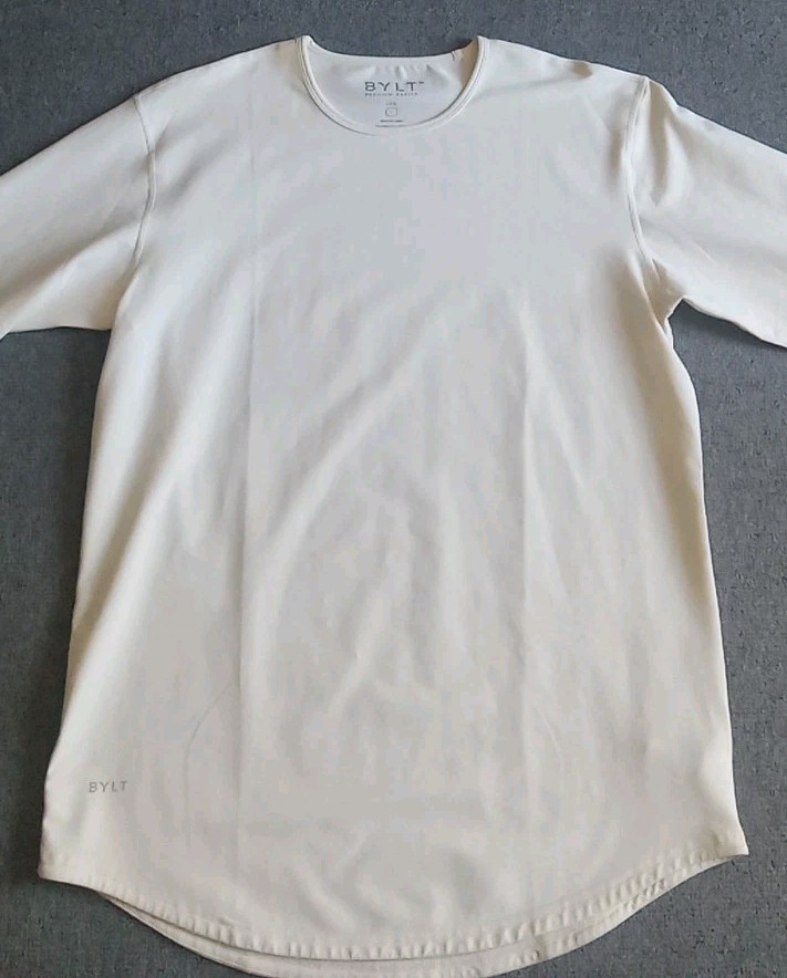 BYLT Shirt Men's Large Drop Cut Lux Long Sleeve Stretch Performance Cream EUC