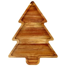 Acacia Wood Christmas Tree Tray Gift Ideas Decorative Xmas Platters Serving D...