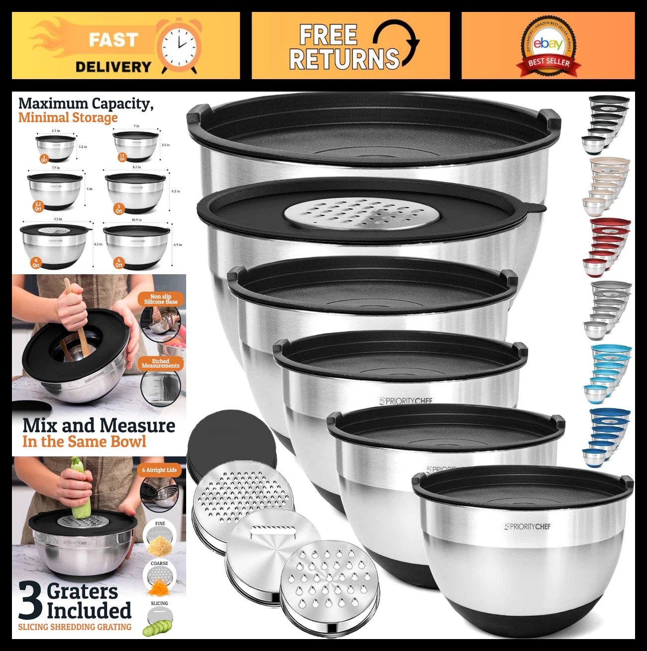 6-Pc Large Mixing Bowls Set with Lids, Non-Slip Base, Stainless Steel, Airtight,