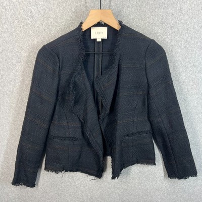 Ann Taylor LOFT Open Front Textured Fringe Blazer Womens 2P Striped Blue NWOT