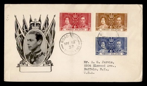 DR WHO 1937 BRITISH VIRGIIN ISLANDS FDC KGVI CORONATION CACHET COMBO M70781