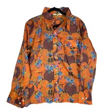 SKYR Vintage Men  s M Orange Floral Print LS Button Down Nylon 70  s Disco Shirt
