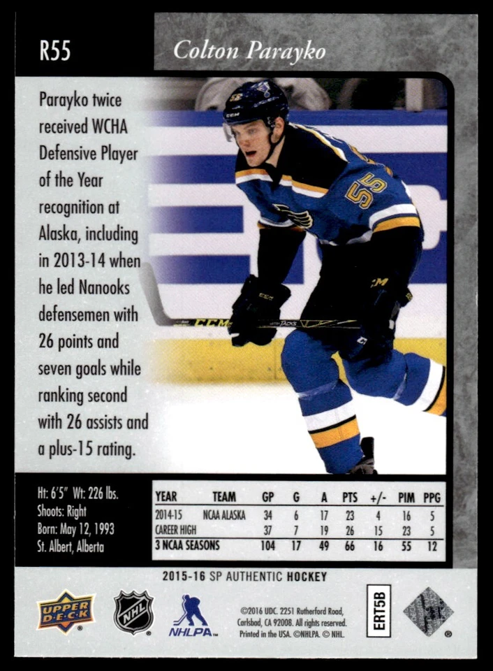 2015-16 SP Authentic 1995-96 Retro Colton Parayko Rookie St. Louis Blues #R55 - Image 2 of 2