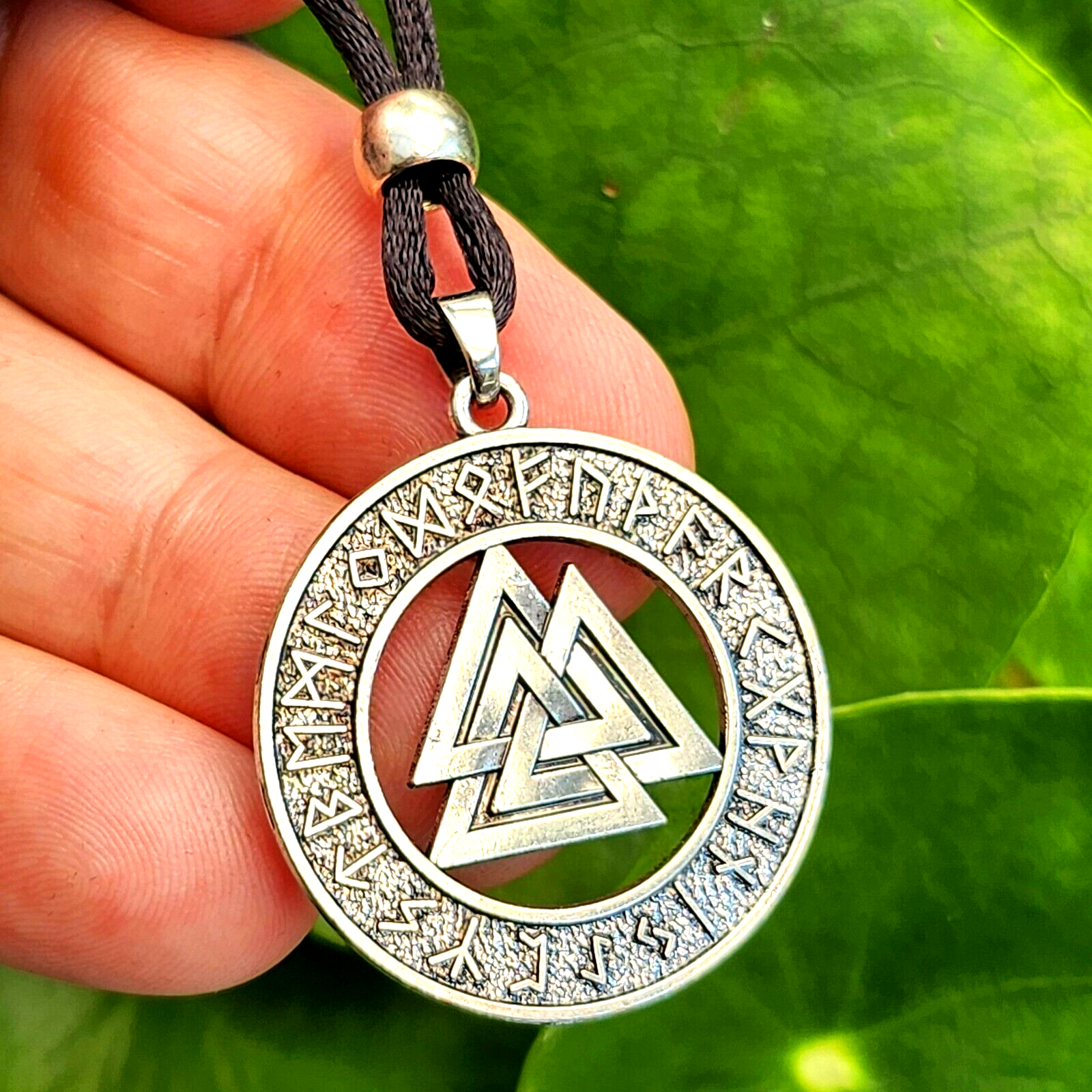 Valknut Rune Pendant Necklace Futhark Viking Norse Pagan Tie Cord Bead Jewellery