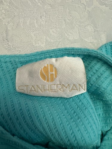 Stan Herman Med Blue Short Button Front Robe Lounge Sleep Waffle Knit Comfort - Picture 4 of 7