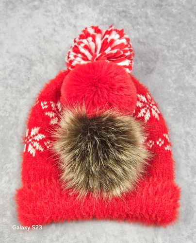 Unisex Warm Beanie Winter Hat w/3 Pompoms Snowflax Red White Winter Gift OZ - Picture 2 of 12