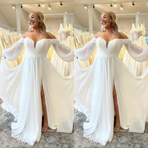 Chiffon Wedding Dresses with Slit Long Sleeves V Neck A Line Bridal Gowns