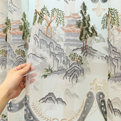 Custom Chinese landscape embroidery simple grey cloth curtain valance drape C973 - Picture 4 of 12