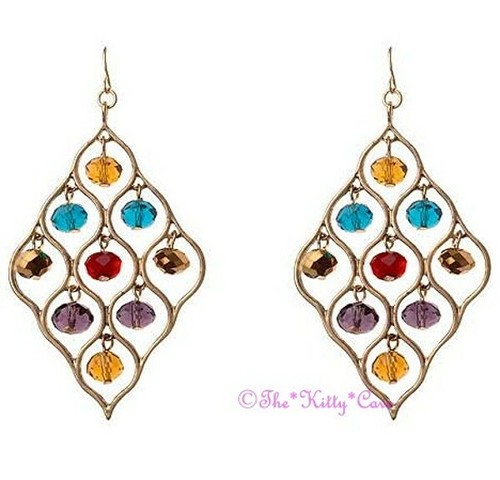 Deco Boho Chic Czech Rainbow Glass Bead Gold Chandelier Trellis Gypsy Earrings - Picture 9 of 10