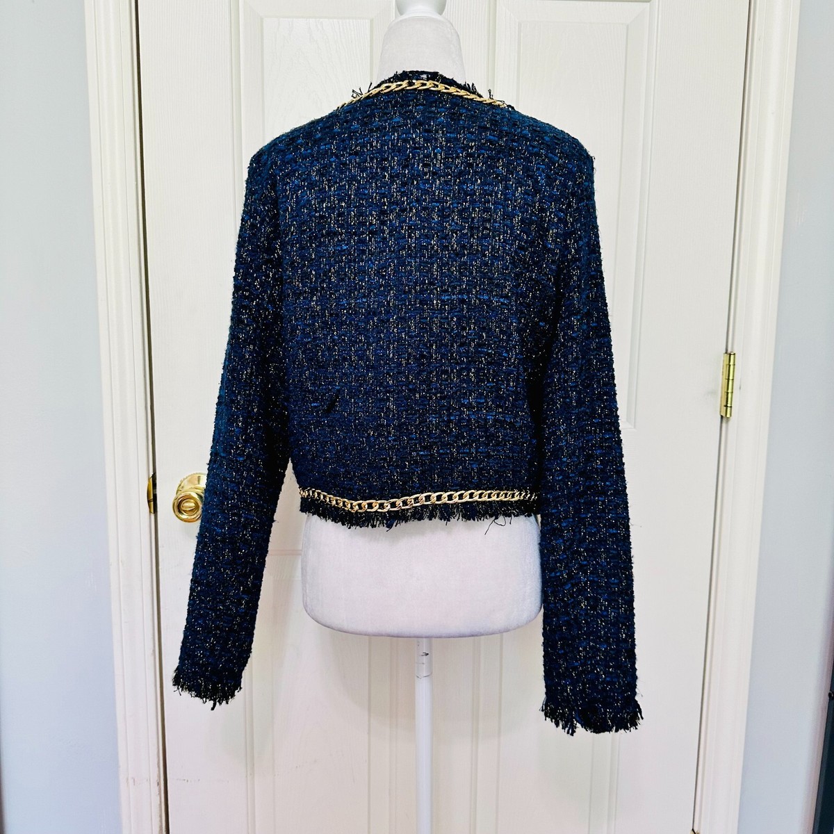 CHRISTIAN LACROIX METALLIC GOLD & NAVY TWEED CHAIN BLAZER COAT