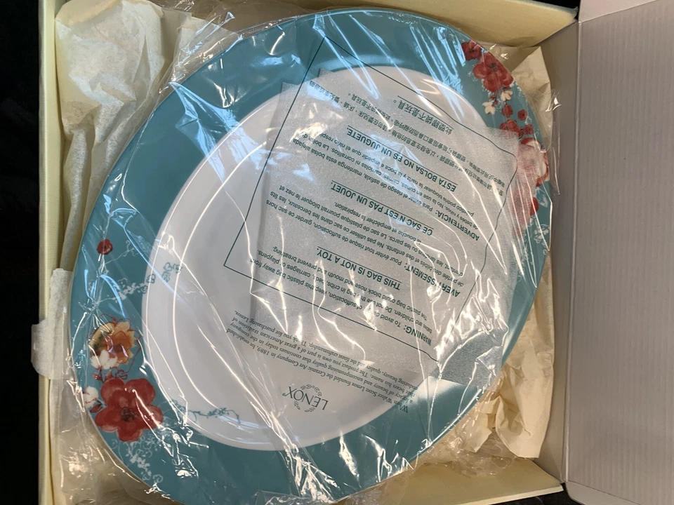 Lenox Chirp Floral Oval Serving Platter 16" Teal Stripe Bone China USA NEW RARE - Image 3 of 4