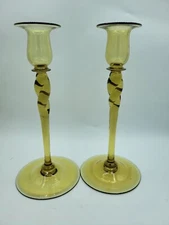 Antique (2) Steuben Art Glass Amber Yellow Green 10" Twist Candlesticks 1#