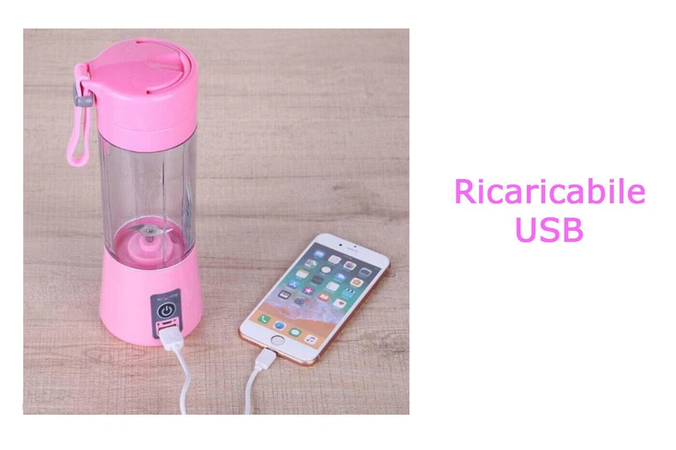 Mini frullatore mixer portatile da viaggio USB succo di frutta frullati 380ml - Immagine 3 di 4