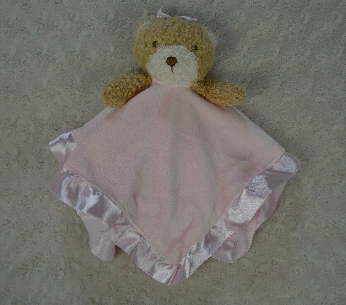 Family Dollar Teddy Bear Lovey Security Blanket Pink Tan Rattle Ruffle Satin Bow
