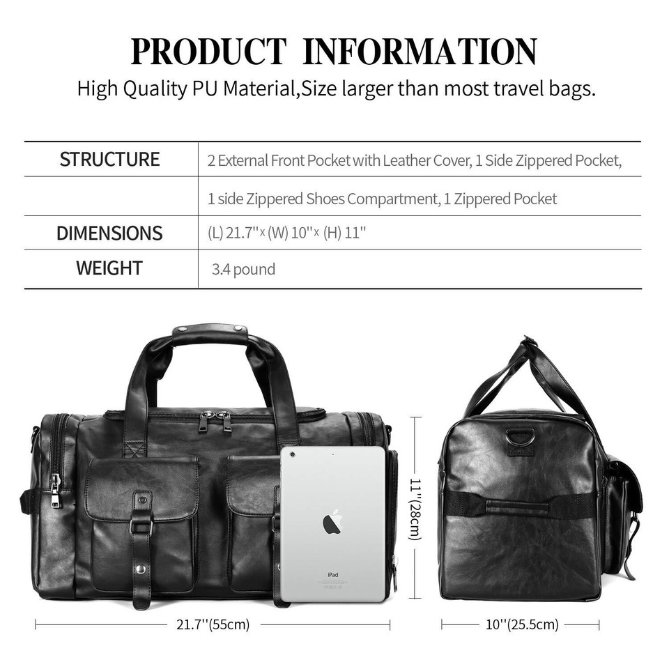 Zeroway Travel Duffel Bag with Shoe Pouch, PU leather Carry on Bag