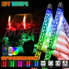 2x 2FT RGB LED Whip Chasing Antenas Lights Spiral W/Flag ATV Polaris RZR UTV 4WD