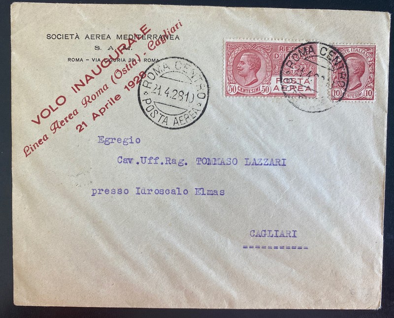 1928 Rome Italy First Flight Airmail Cover To Cagliari Sc#C3
