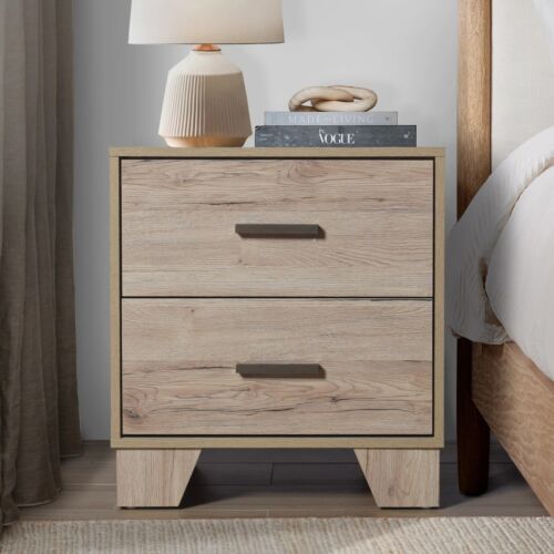 Modern Light Oak 2-Drawer Nightstand, Wood Bedside Table, Storage for Bedroom - Picture 2 of 8
