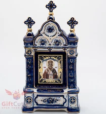 Russian Porcelain Gzhel Orthodox Shrine Kiot Icon St Nicholas Николай Чудотворец