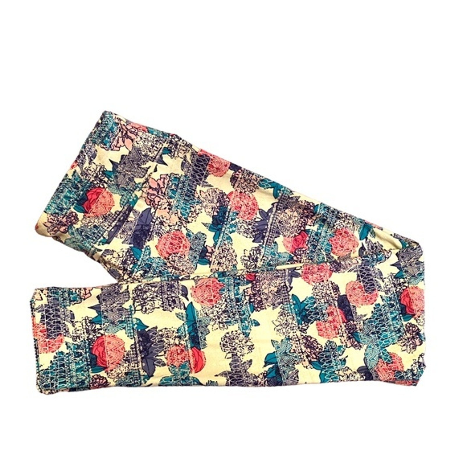 LuLaRoe OS Red Peonies Blue Graphic Print Leggings New-image