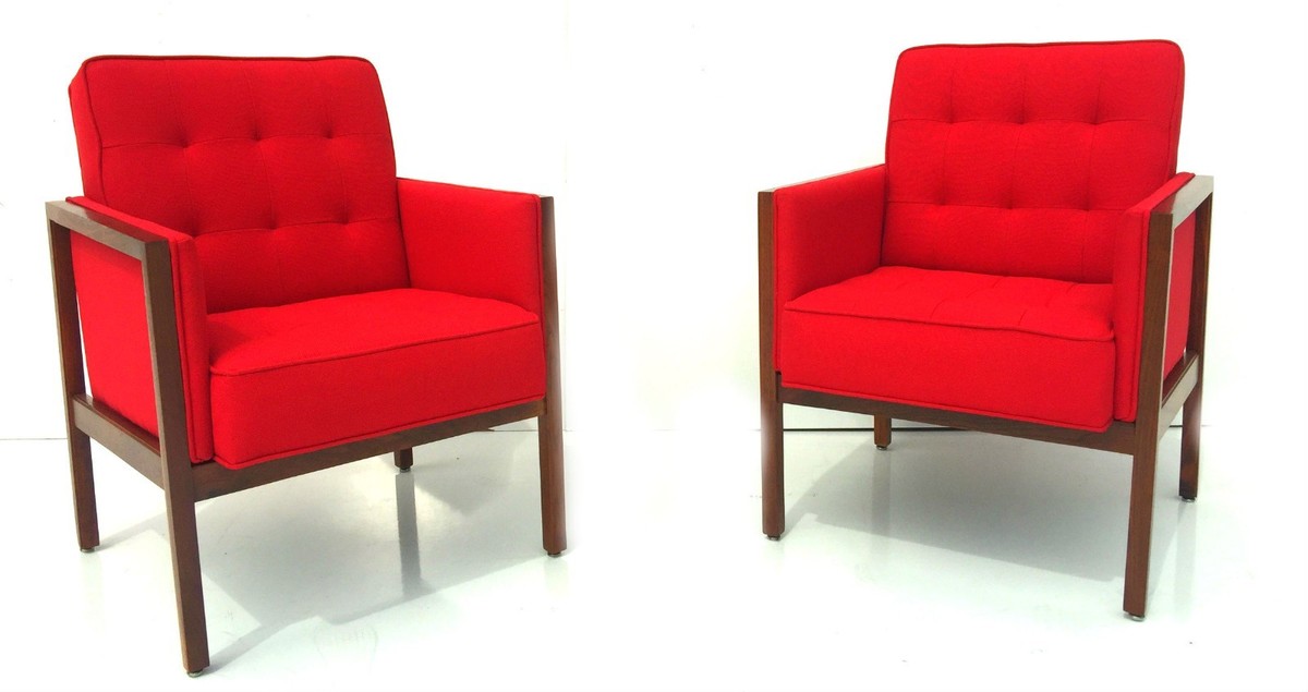 mid century danish modern pair walnut arm chairs restored Knoll Style