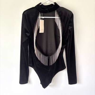 Vera Lucy Black Velvet Long Sleeve Body Suit Open Back Rhinestone  Diamonds