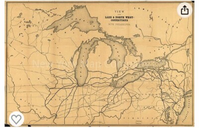 1856 Eisenbahnkarte der Region der Großen Seen, Nordosten, Mittlerer Westen, 16x 24 Nachdruck