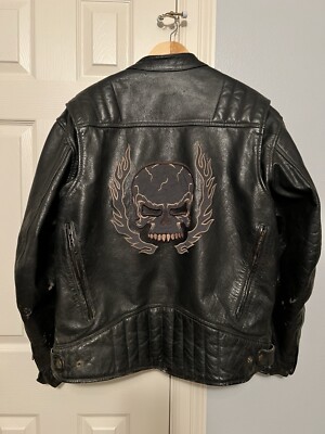 Xelement Rider Motorcycle Jacket Mens XL Black Leather Skull Biker, READ