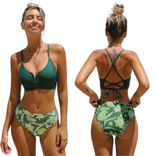 Cupshe Women's Green Floral V Wire Top Mid Rise Bikini Set Swimwear Size Medium