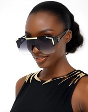 Women Sunglasses LUXURY ELEGANT BIG SHADES Black Lens Gold Top Stylish Retro New