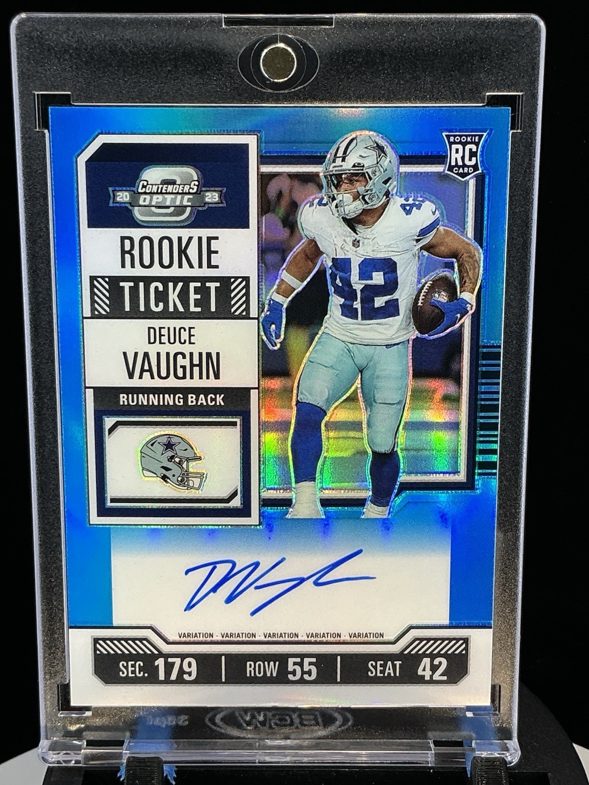 2023 Contenders Optic Deuce Vaughn Blue Prizm Rookie Ticket Auto RC /75 Cowboys