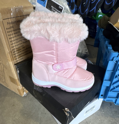 Girls Pink White Snow Boots Fur Trim Snowflake Hook & Loop Slip Resistant