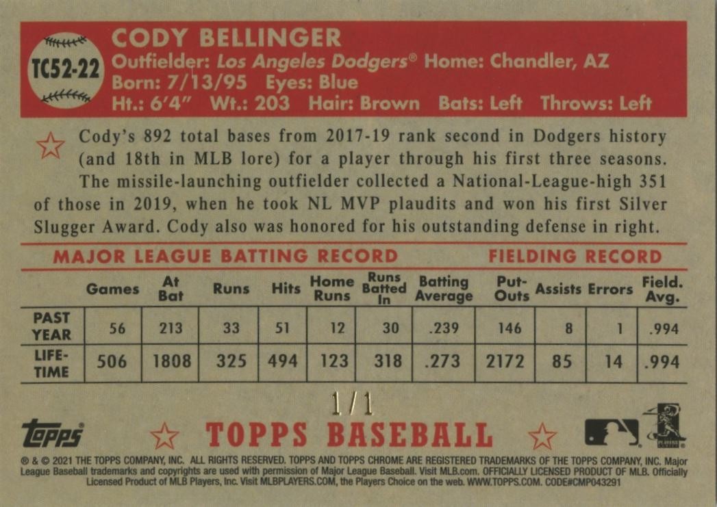 Cody Bellinger 2023 Topps Chrome '52 SUPERFRACTOR 1/1 Los Angeles Dodgers view 2