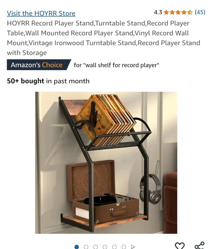 Wall Mounted Vinyl Record Player Stand with Storage Shelf-image