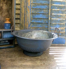 LG  Antique Tin Colander w Pedestal Base and Side Handles Blue Milk Paint