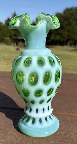 Vintage Fenton Opalescent Green Coin Dot Vase Double Crimp - 8-3/4" Tall