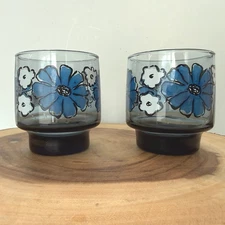 VTG Libbey Camellia Blue Floral Smoky Footed Rocks Lowball Glasses MCM Set of 2