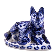 Gzhel Porcelain German Shepherd Figurine 3.7x2.7'' Hand Painted Dog Sculpture