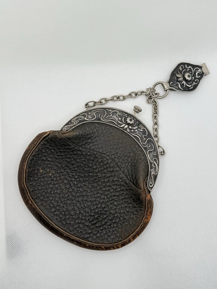 СТАРИННЫЙ CHATELAINE КАРМАН/КОШЕЛЕК КОЖИ СЕРЕБРЯНАЯ МЕТАЛЛИЧЕСКАЯ РАМКА ЦЕПОЧКА И КРЮК - Изображение 2 из 4