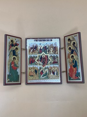 Nativity Triptych Orthodox Icon Archangels Xmas Decor. Religious. Christ Birth. 