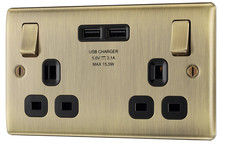 Antique Brass Slim Switched Double Power Plug Socket with 2 x USB Chargers - BG