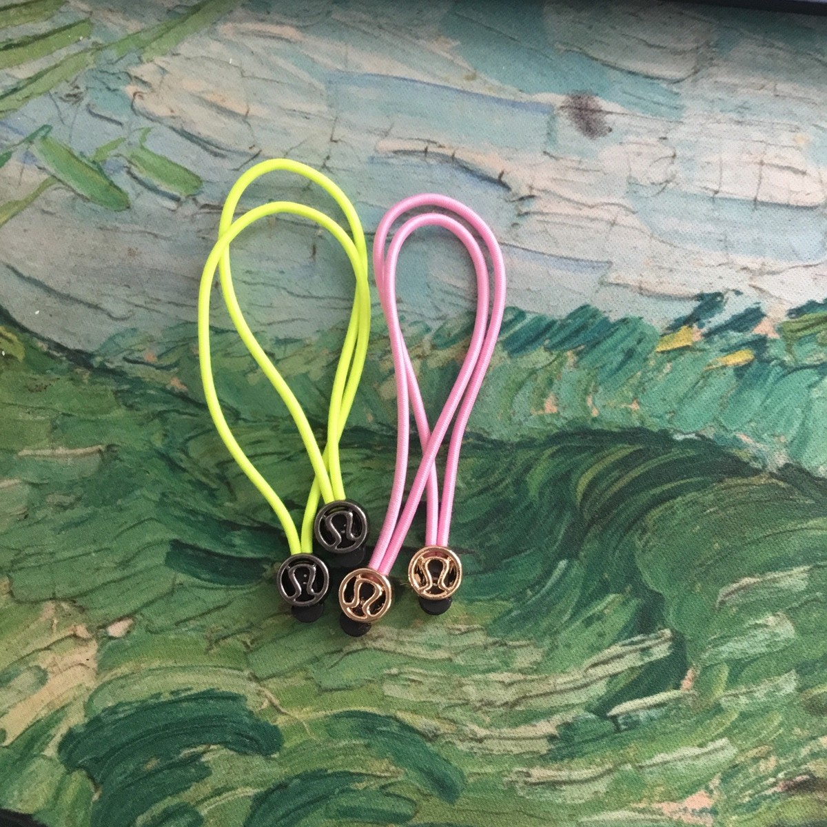 2 Pairs Lululemon Zipper Pull Or Hair Tie Neon Green And Soft Pink