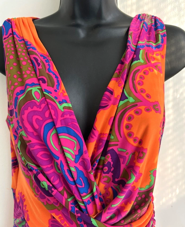 Lauren Ralph Lauren Paisley Faux Wrap Dress Size 6 Boho Tropical Vacation Orange - Image 3 of 4