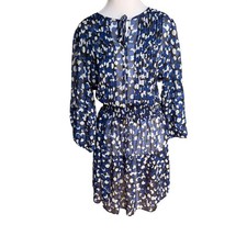 Tommy Hilfiger Blue White Dot Chiffon Smocked Waist Mini Dress Womens 8