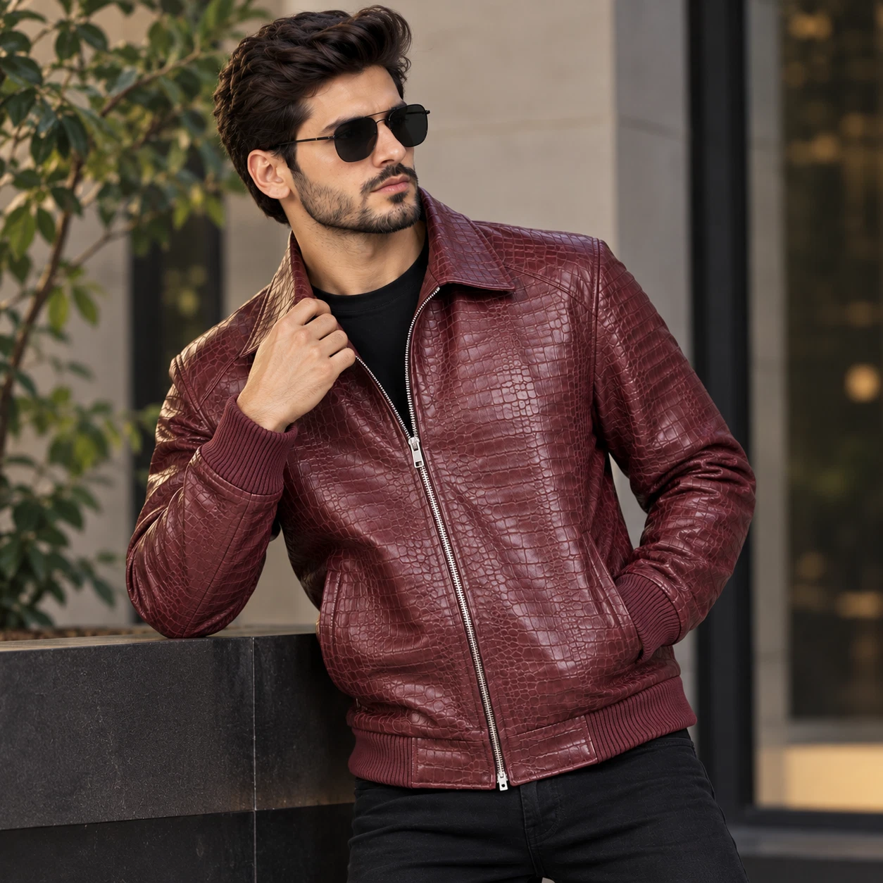 Men’s Burgundy Crocodile Embossed Genuine Leather Bomber Jacket - product detail image 1