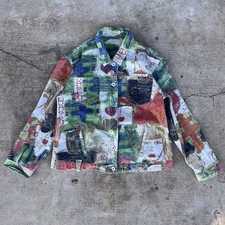 Chico's Jacket Size 1 Multicolor Faces Happy Play Fun Button Up Artsy Boho M / 8