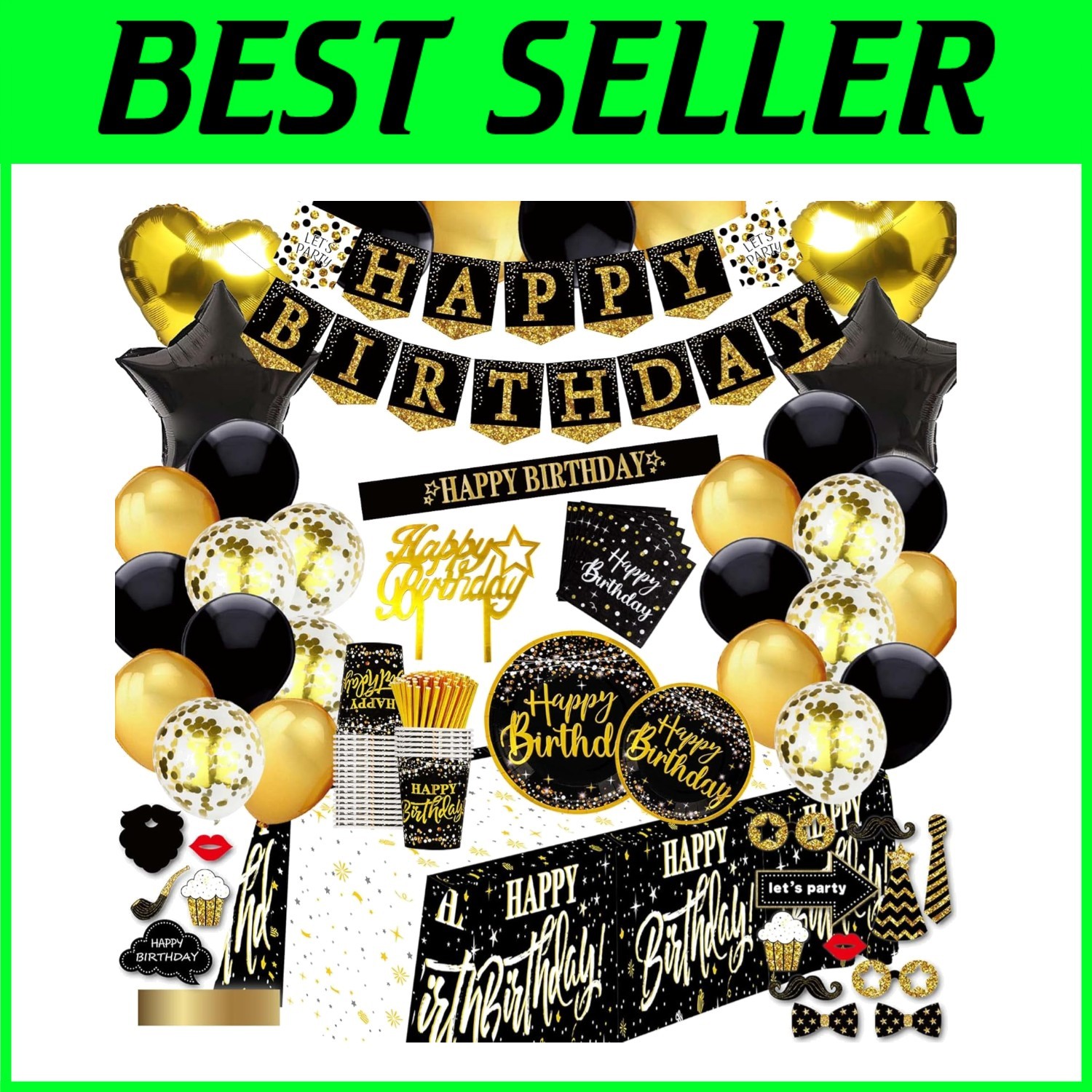 Black Gold 169-Piece Birthday Decoration Kit for Any Celebration
