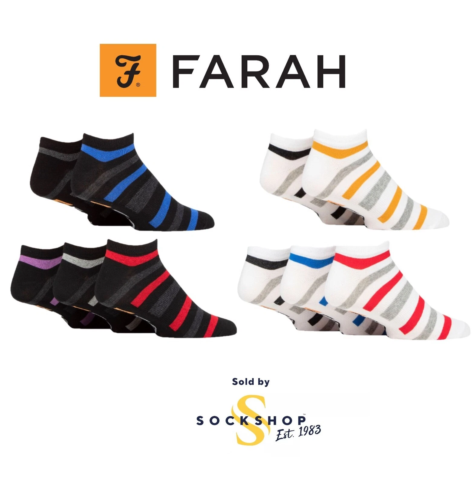 Mens Trainer Socks FARAH Striped Cotton with Arch Support Black / White- 5 Pairs