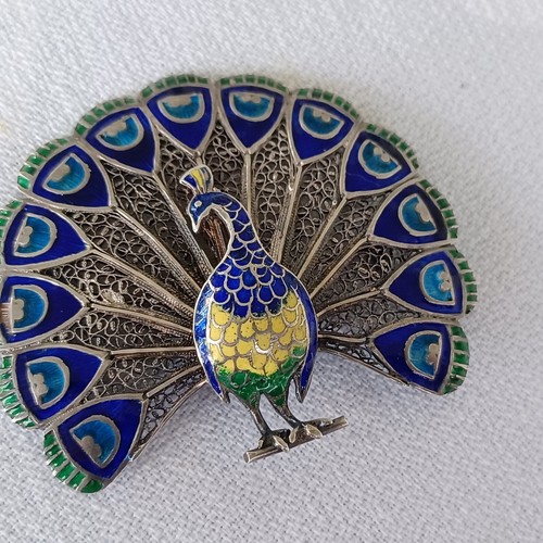 Vintage Silver 835 Cloisonné Enamel Peacock Brooch Fine Wire Filigree Work - Picture 4 of 8